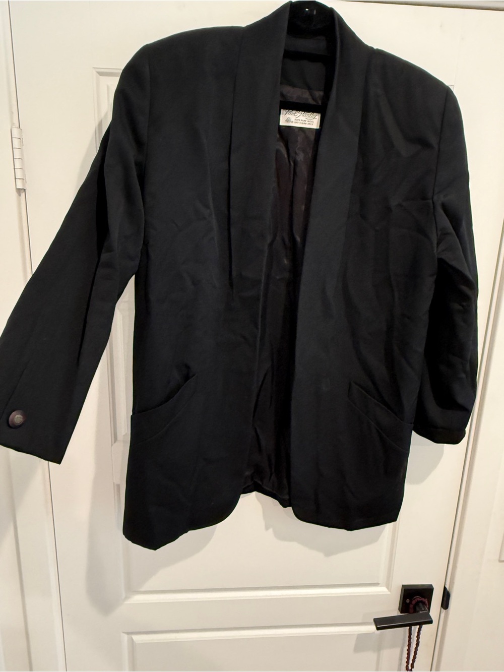 Paul Stanley Womens Blazer Jacket Size 8 Black 100% Wool Open Front Shoulder Pad